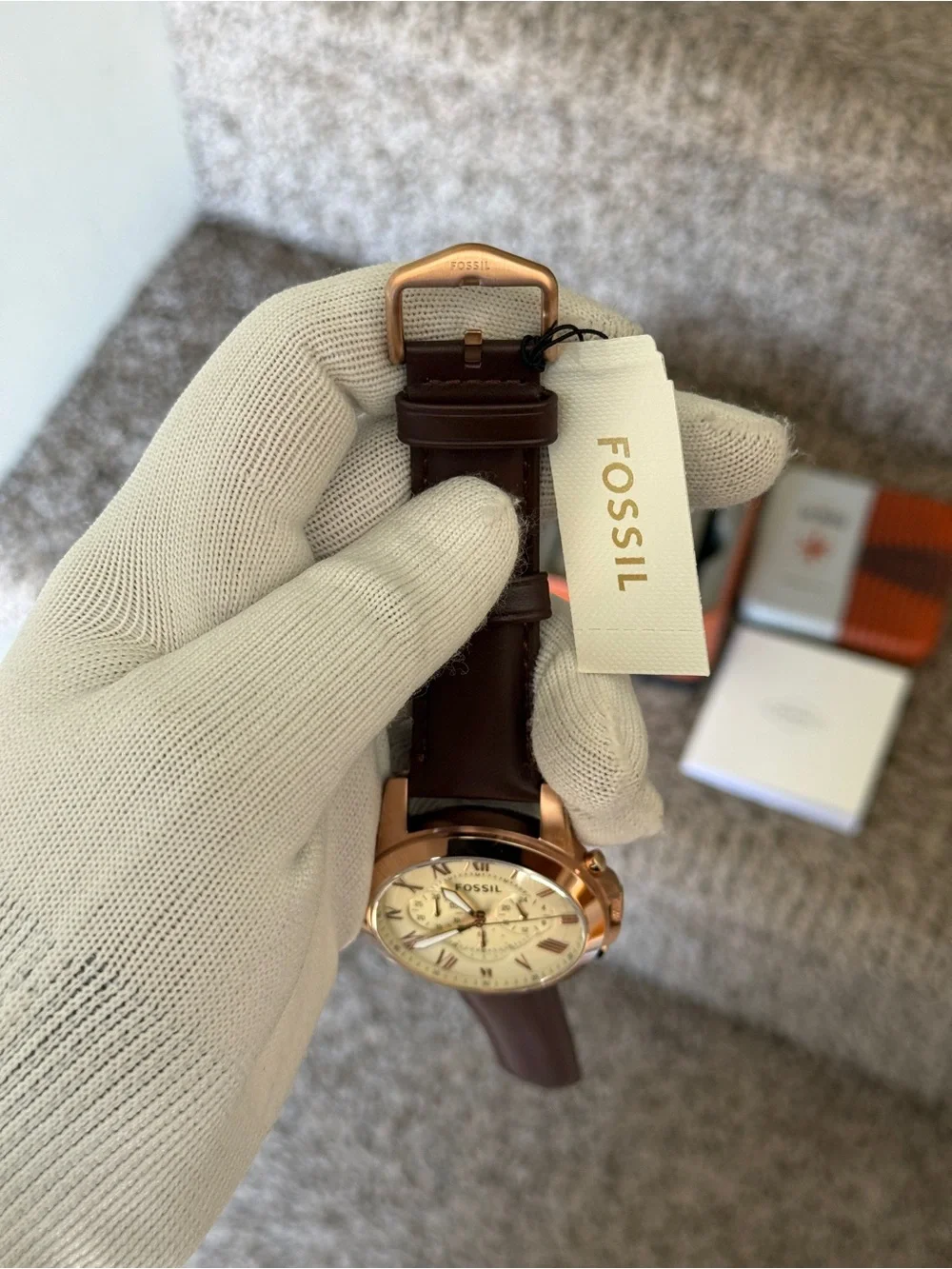 Fossil Rose Gold and Brown Leather Chronograph Watch Mens